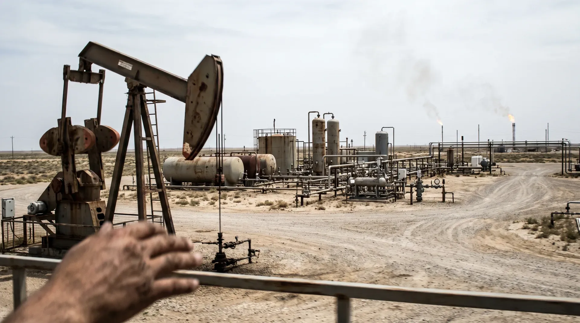 Oliewinningslocatie in woestijnlandschap met pumpjack, opslagtanks en pijpleidingen