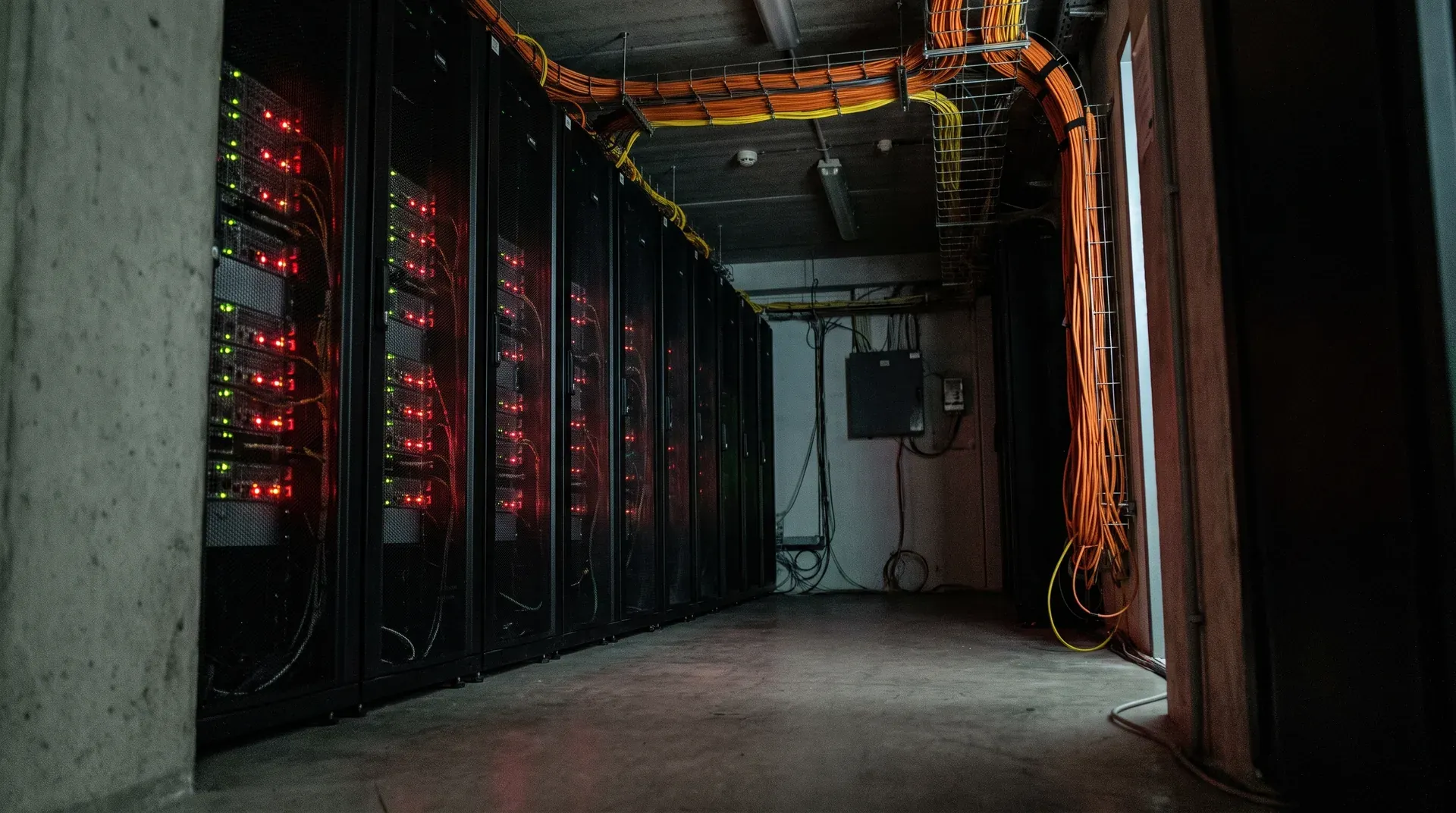 Serverruimte met verlichte netwerkkabels en indicator-LED's op donkere apparatuur