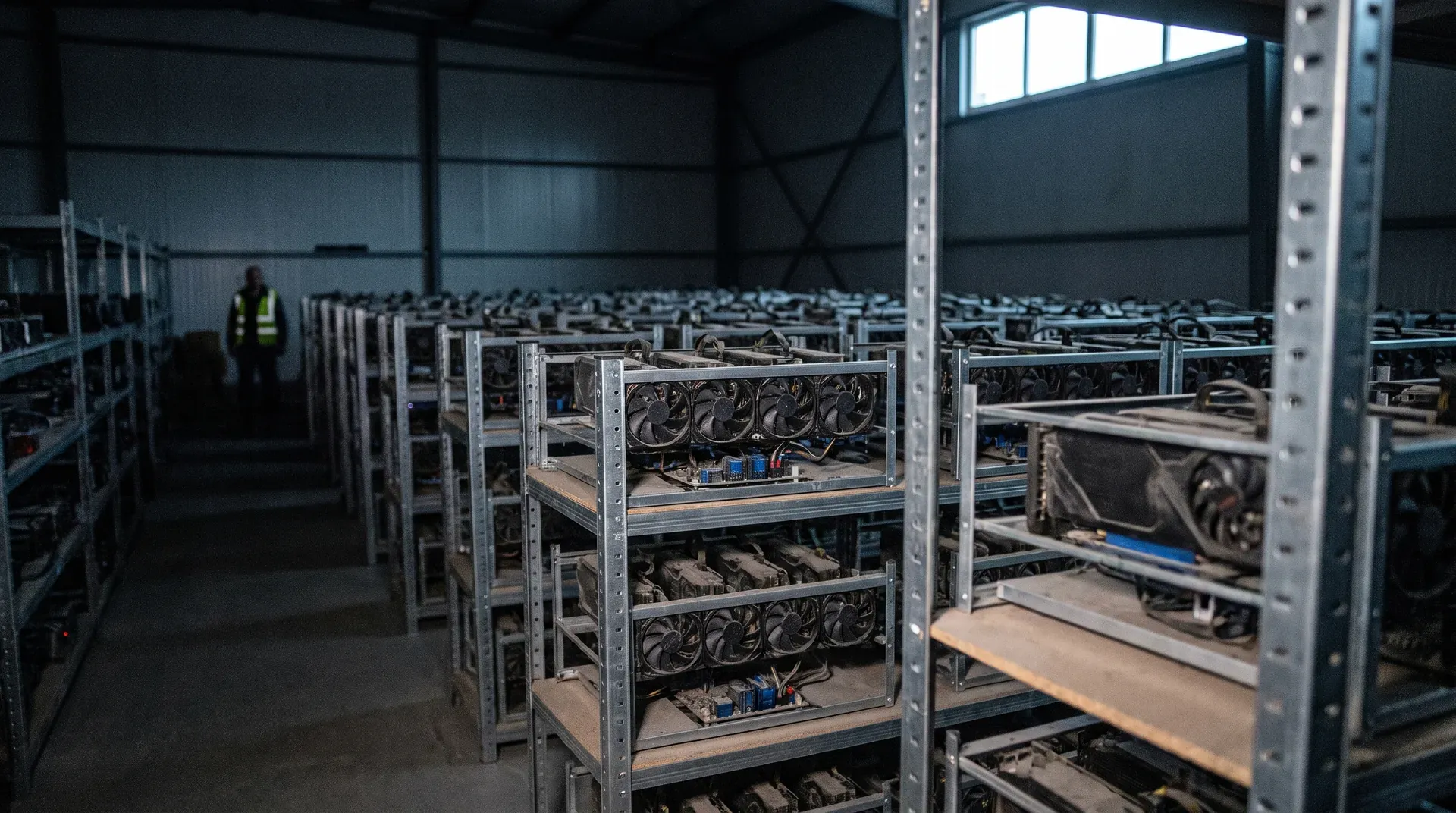 Grote industriële hangar met rijen metalen rekken gevuld met grafische verwerkingseenheden en koelventilators.