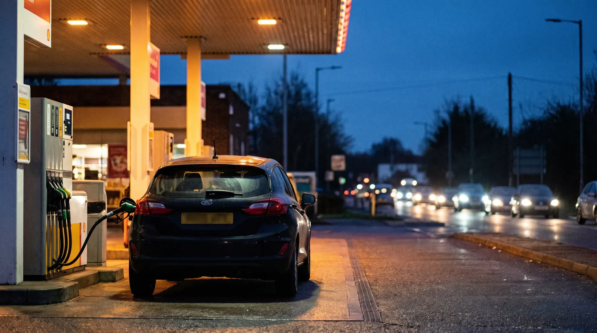 Auto tankt 's avonds bij benzinestation onder verlichte luifel, andere voertuigen op parkeerplaats