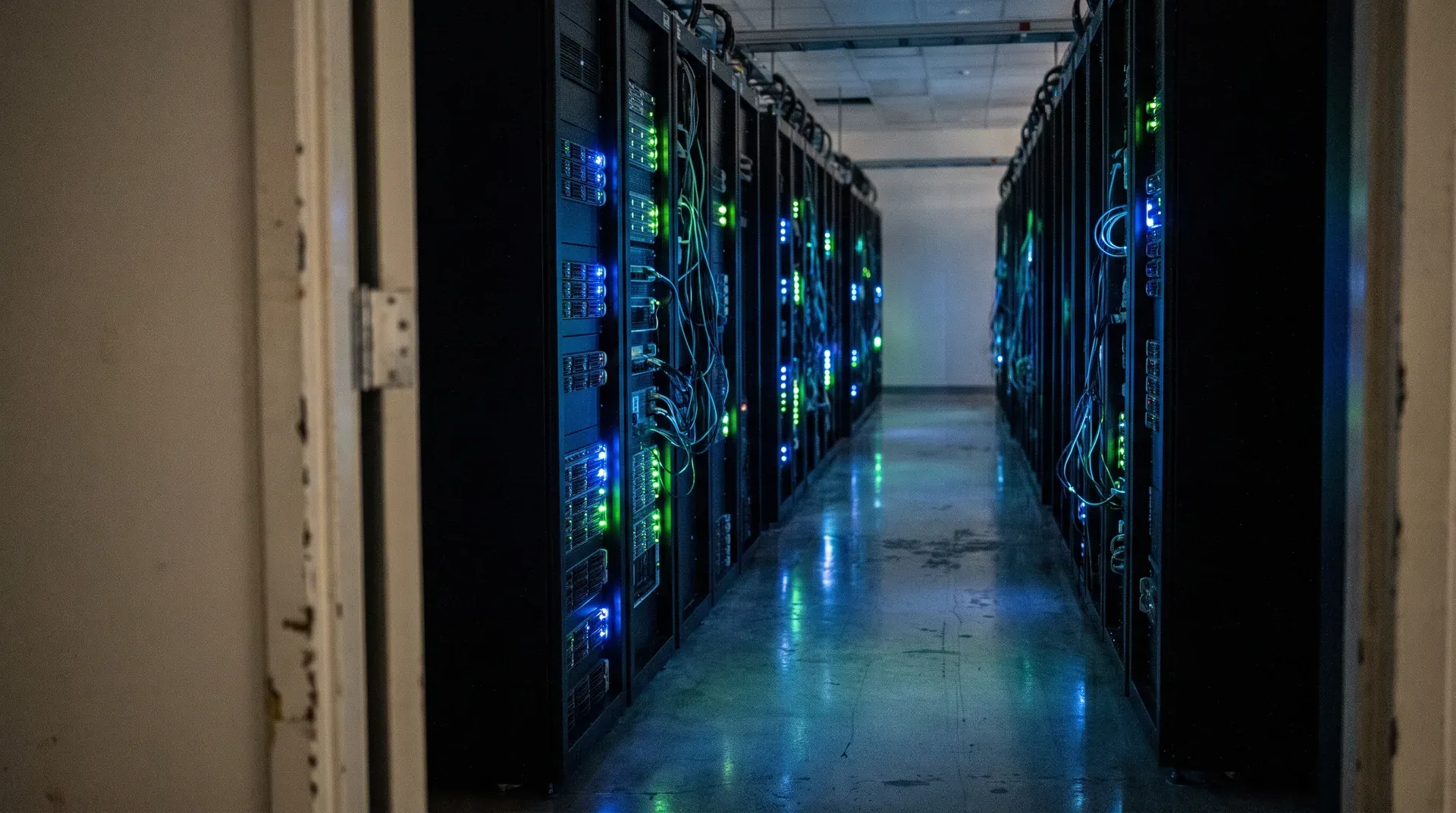 Serverruimte met twee rijen zwarte racks, blauwe en groene indicator-leds, bedrading en reflecterende vloer