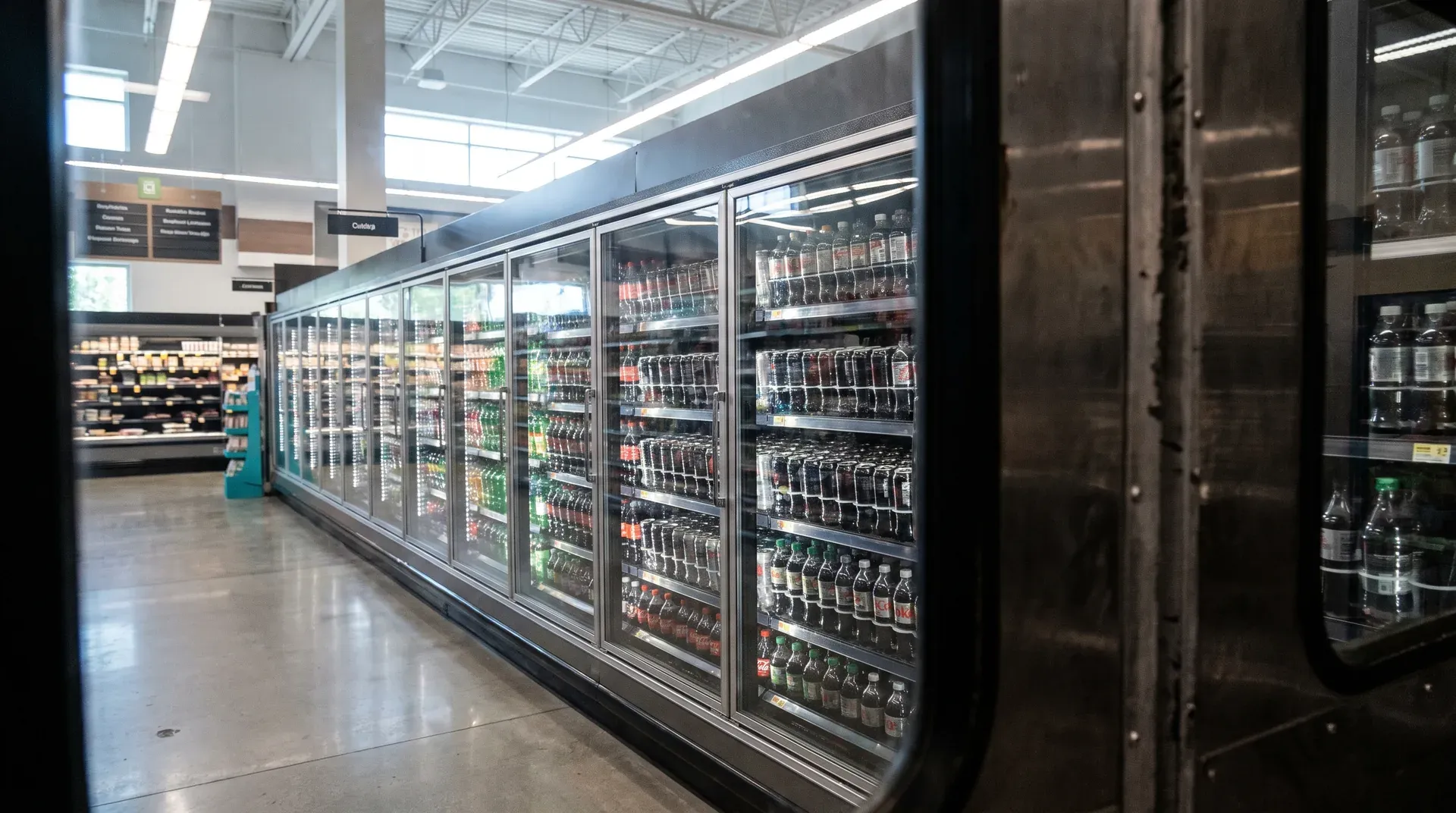 Rij koelkasten met frisdranken in supermarkt, glasdeuren met producten, fluorescerend licht