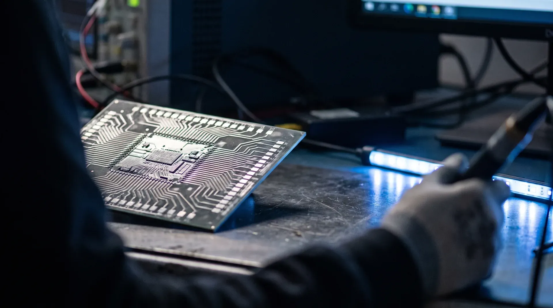 Geïntegreerde circuitkaart met ingewikkeld patroon op donker werkblad met blauwe verlichting