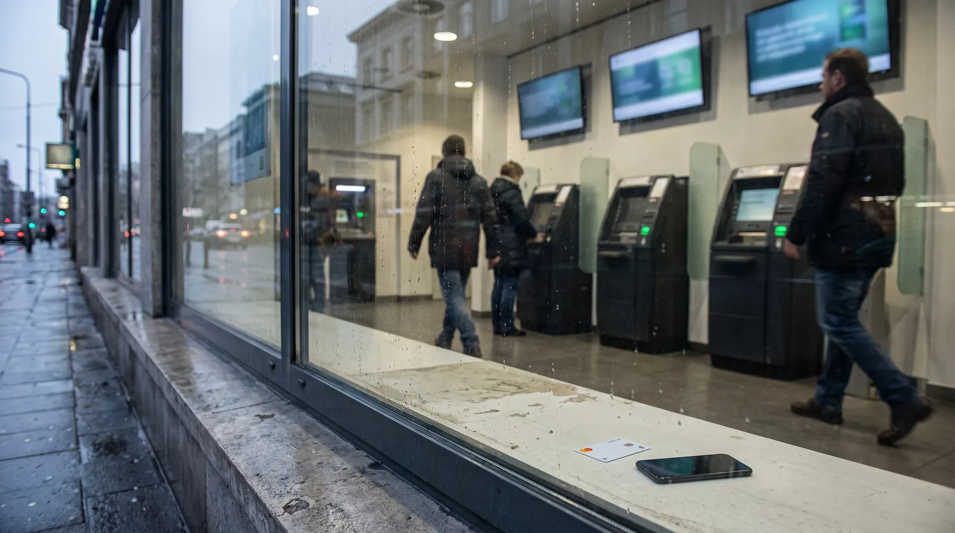 Personen bij geldautomaten in bankfilaal, telefoon op vensterbank, regenachtig weer buiten