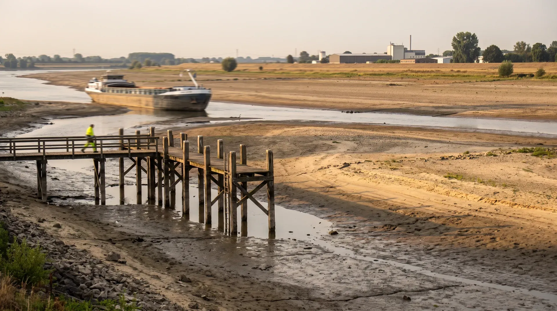 Gestrand vrachtschip in ondiepe rivier met drooggevallen oevers en industriële gebouwen op achtergrond