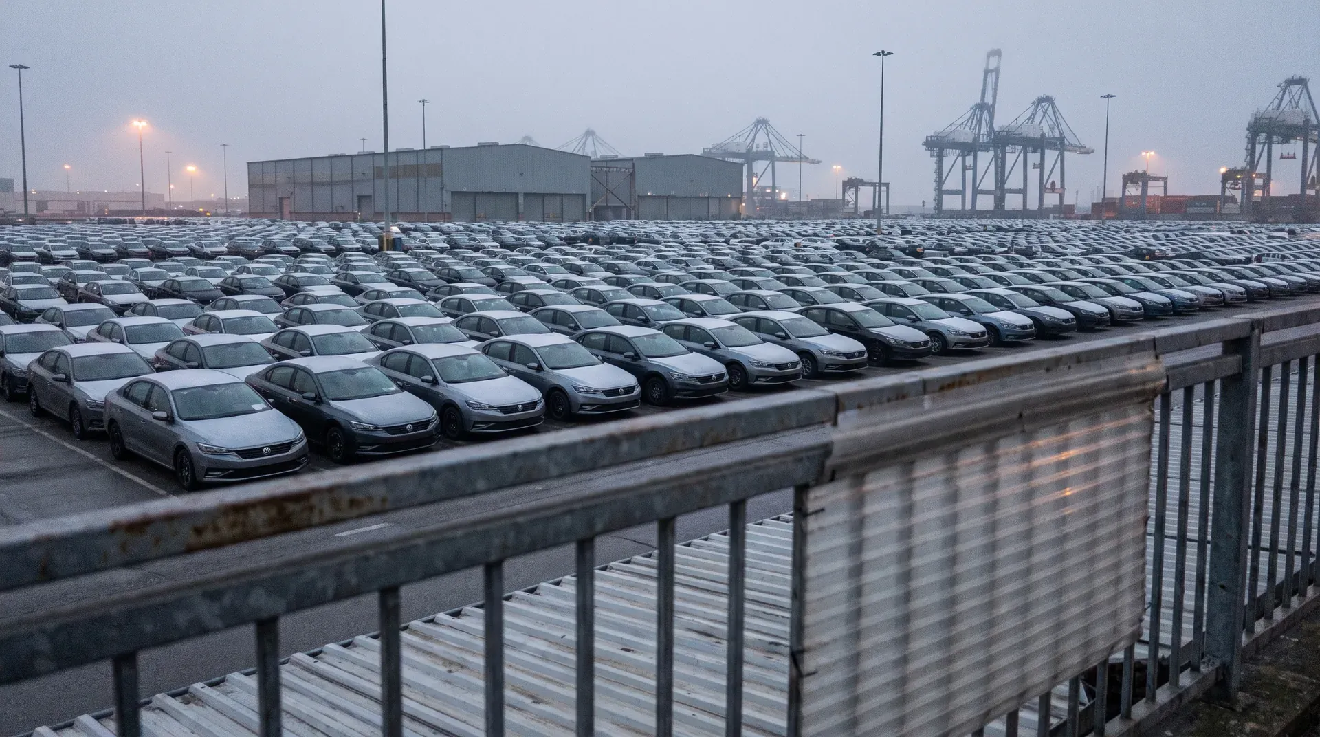 Groot parkeerterrein met honderden nieuwe auto's in rijen, haveninstallatie met laadkranen op achtergrond