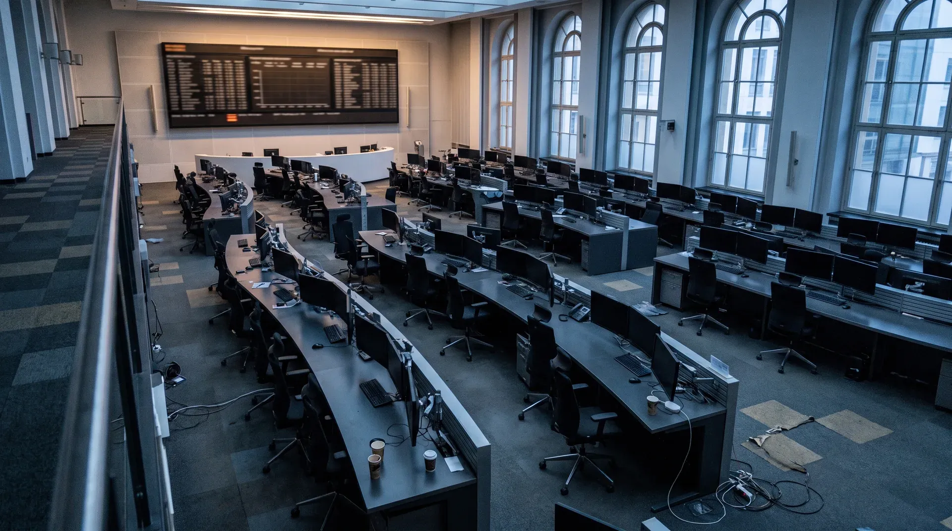 Lege computerruimte met rijen monitoren en werkplekken, grote ramen met daglicht.