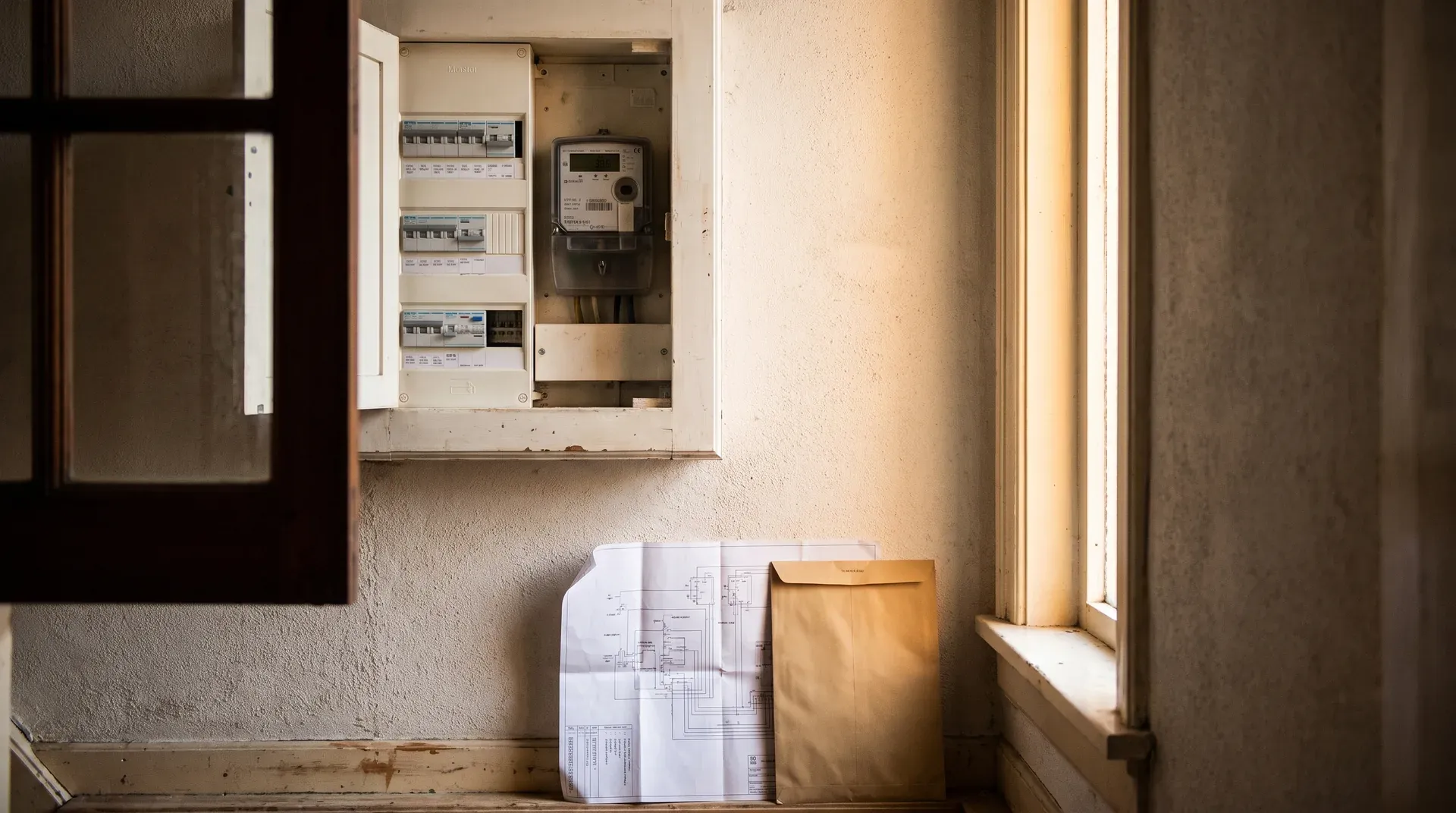 Elektriciteitsmeterkast aan muur met technische documenten en bruine envelop op vloer
