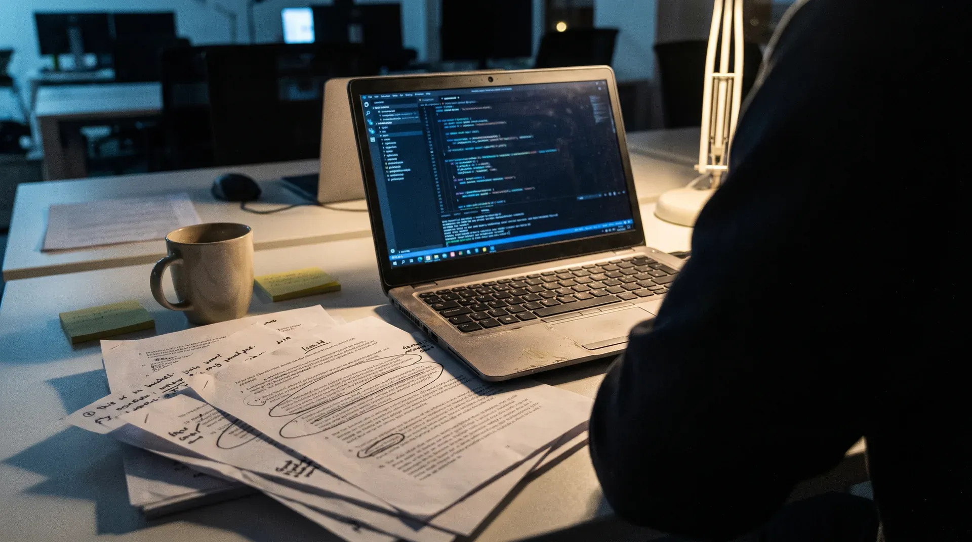 Ontwikkelaar werkt aan laptop met code op scherm, handgeschreven notities en koffiekop op bureau.