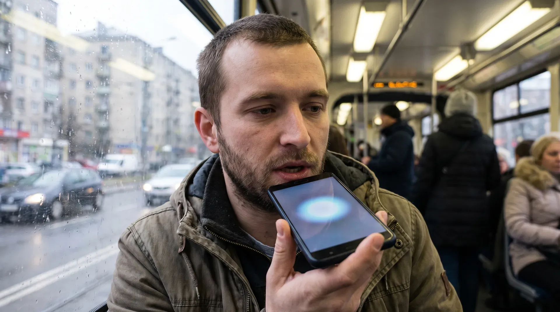 Man in bruine jas met smartphone in openbaar vervoer, andere passagiers op achtergrond, stadsstraat zichtbaar door raam