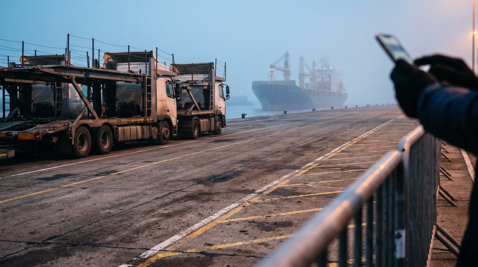 Vrachtschip in mist aan horizont, vrachtwagens op kade, metalen reling op voorgrond