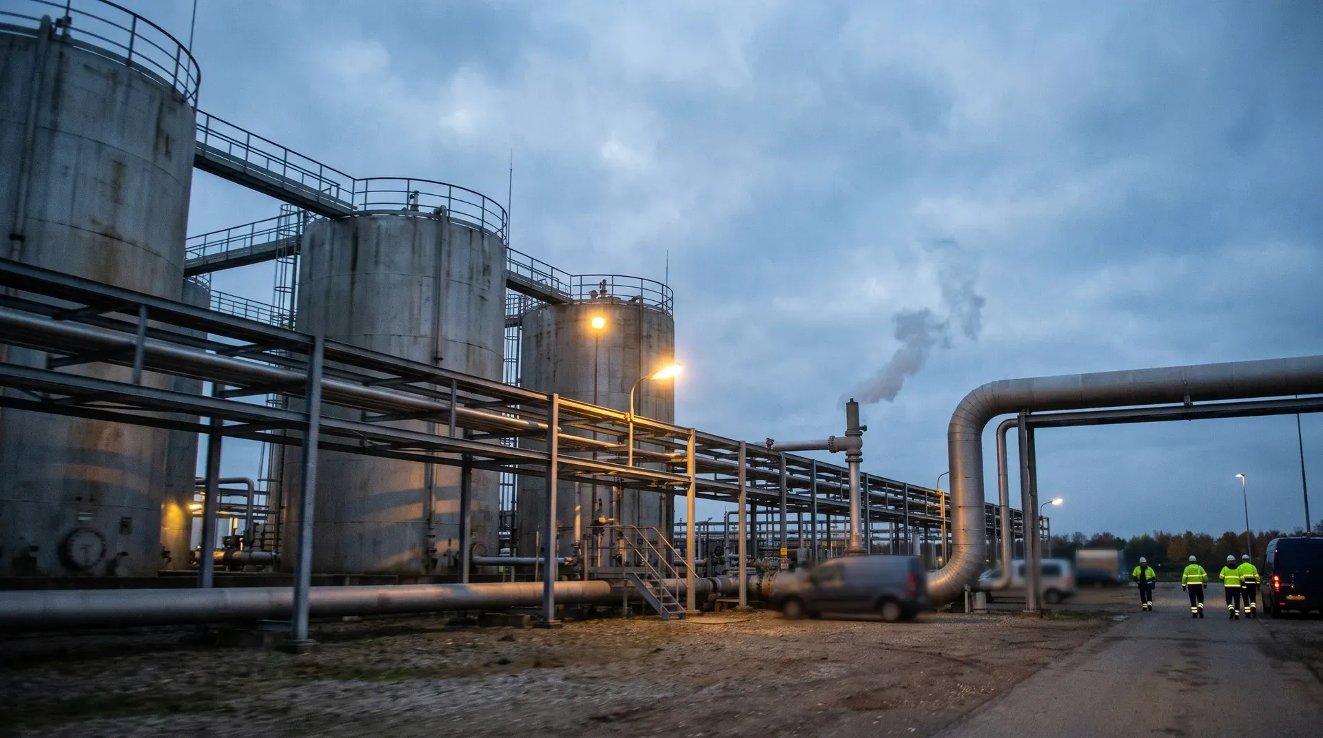 Industriële gasopslagfaciliteit met cilindertanks en leidingen bij schemering, arbeiders in gele vesten zichtbaar