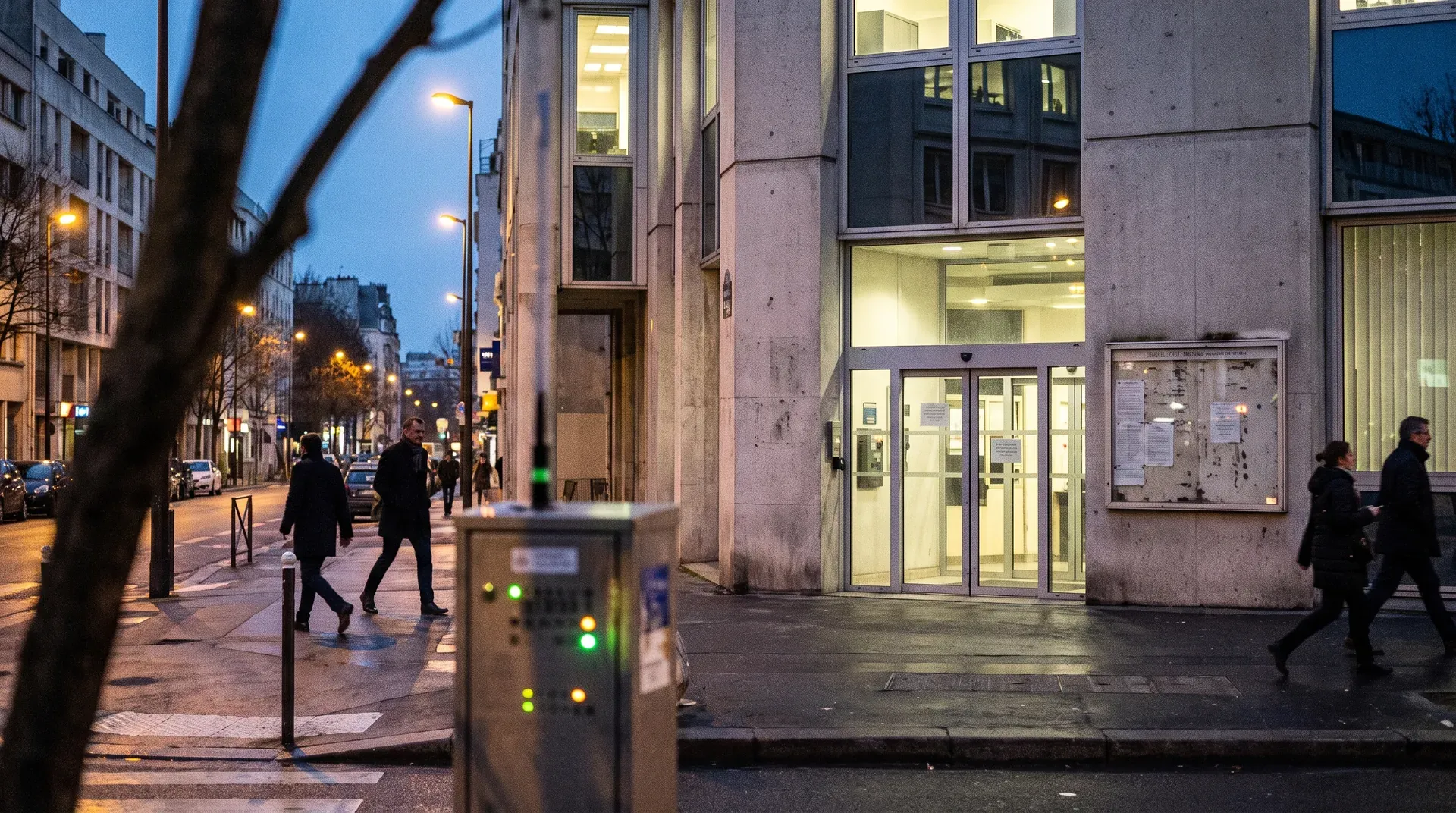 Verlichte stadstraat bij schemering met kantoorgebouwen, voetgangers en verkeerslichten.