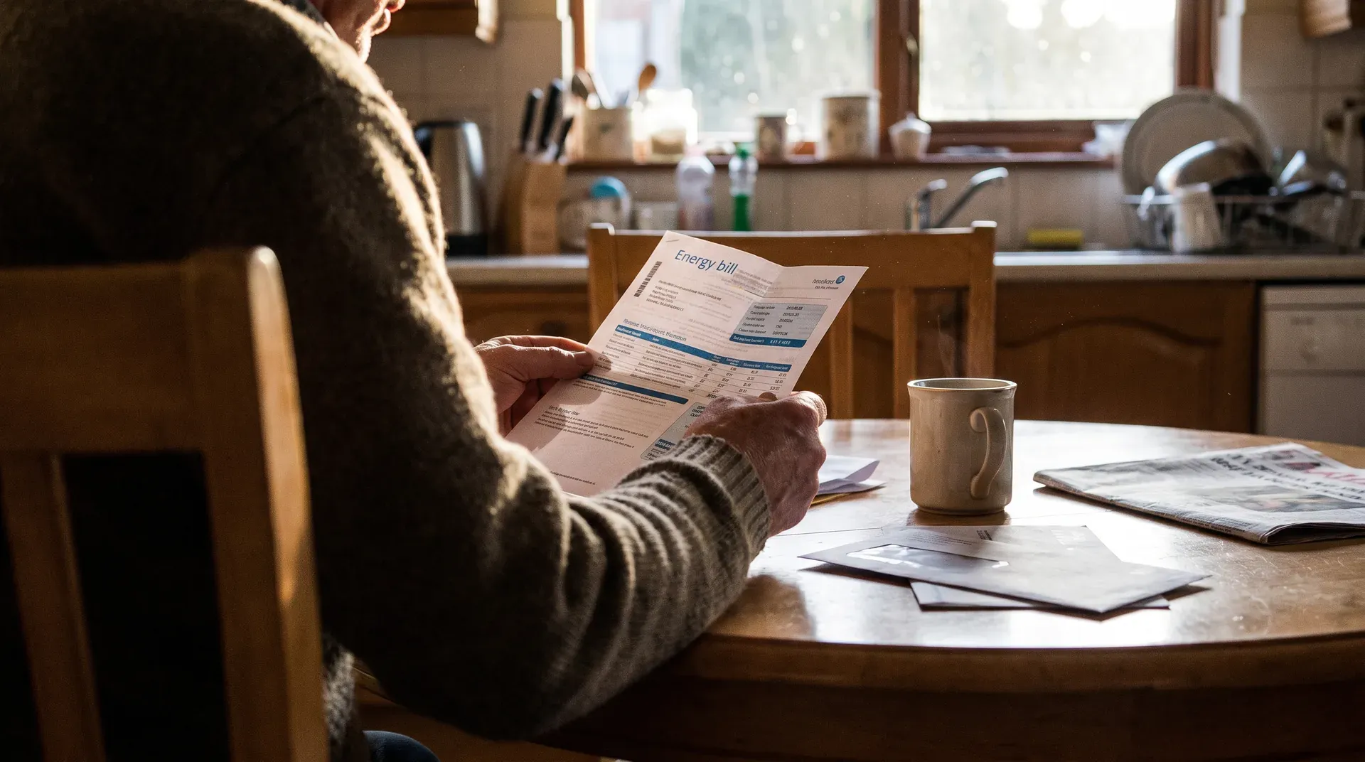 Persoon aan keukentafel leest energierekening met koffiekop en post ernaast.