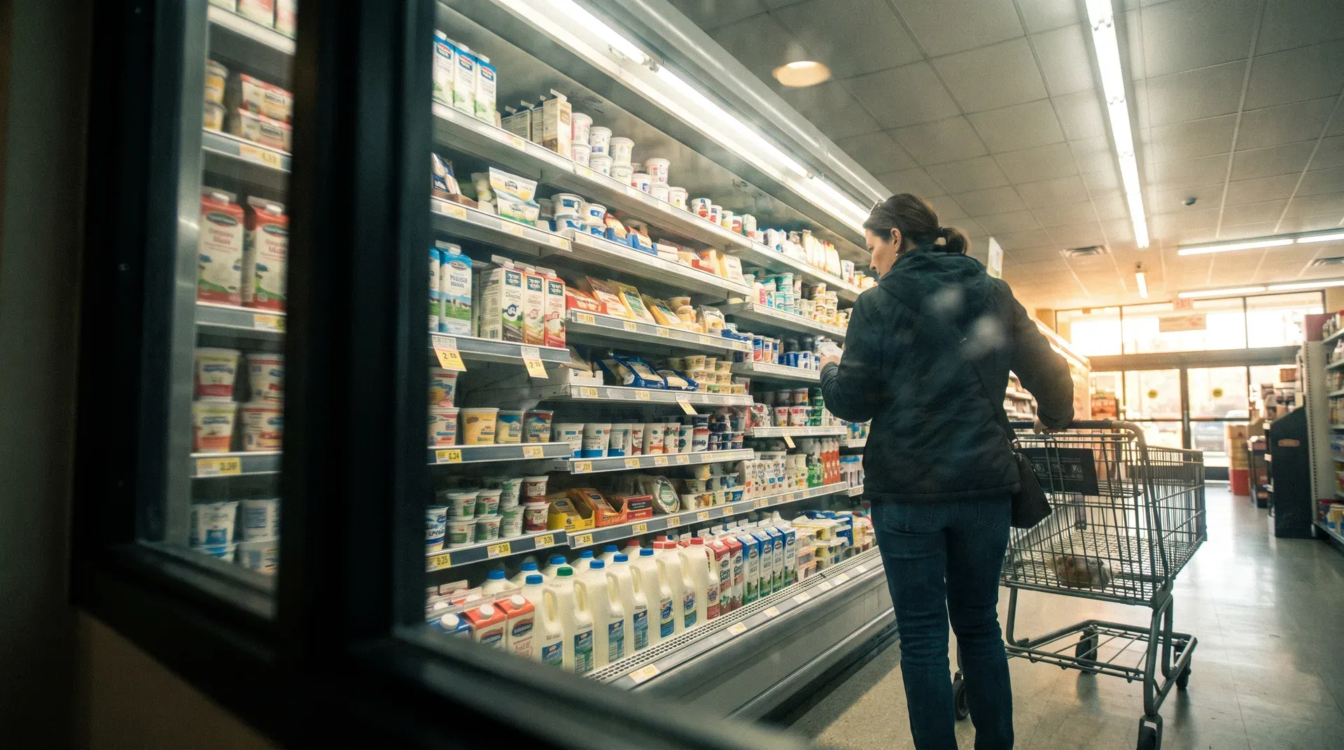 Vrouw winkelt in supermarktschap met zuivelproducten en melk in winkelwagen