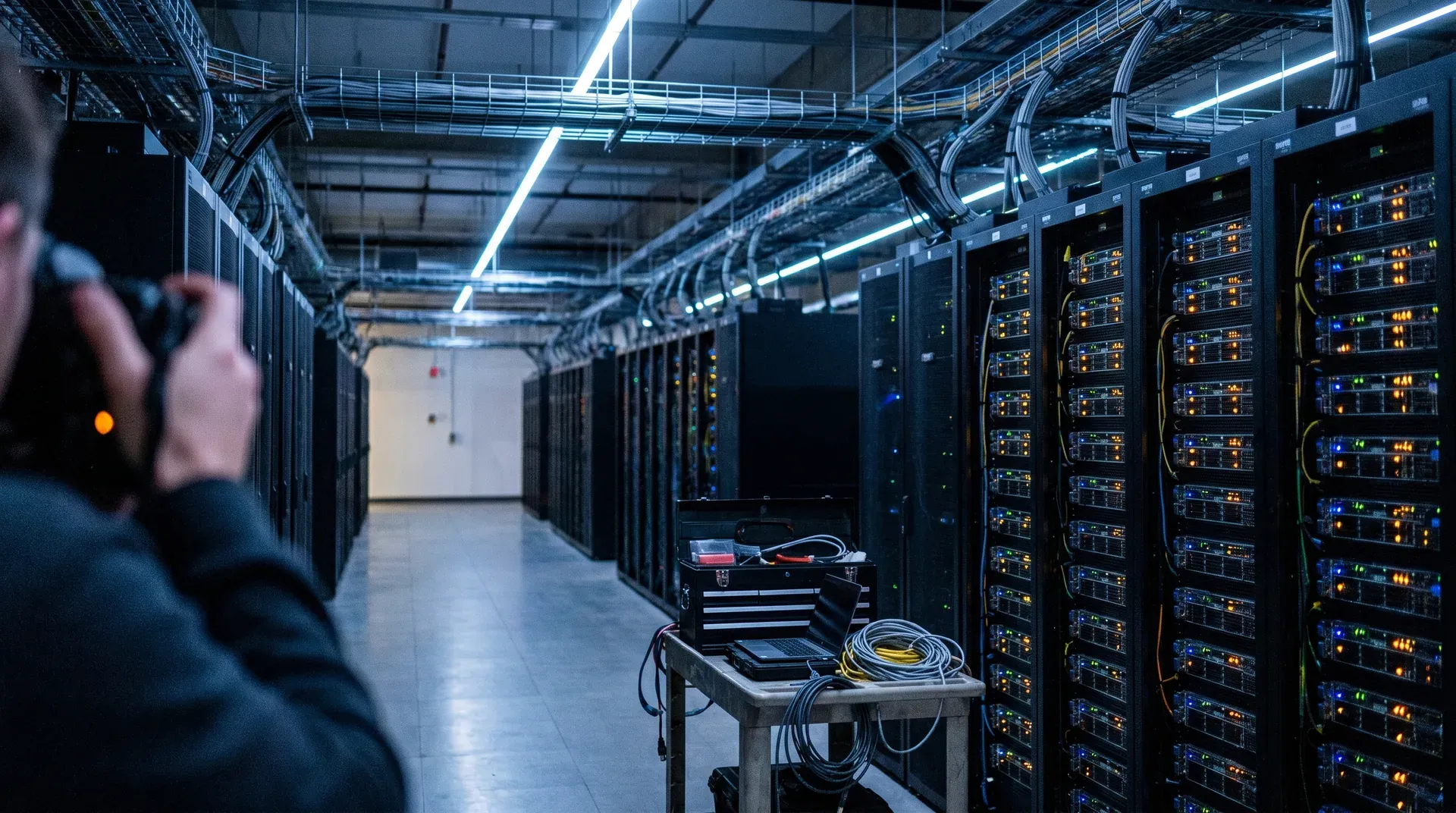 Datacentrum met rijen servers, technicus in werkkleding, gloeiende indicatoren, overhead-bedrading en LED-verlichting