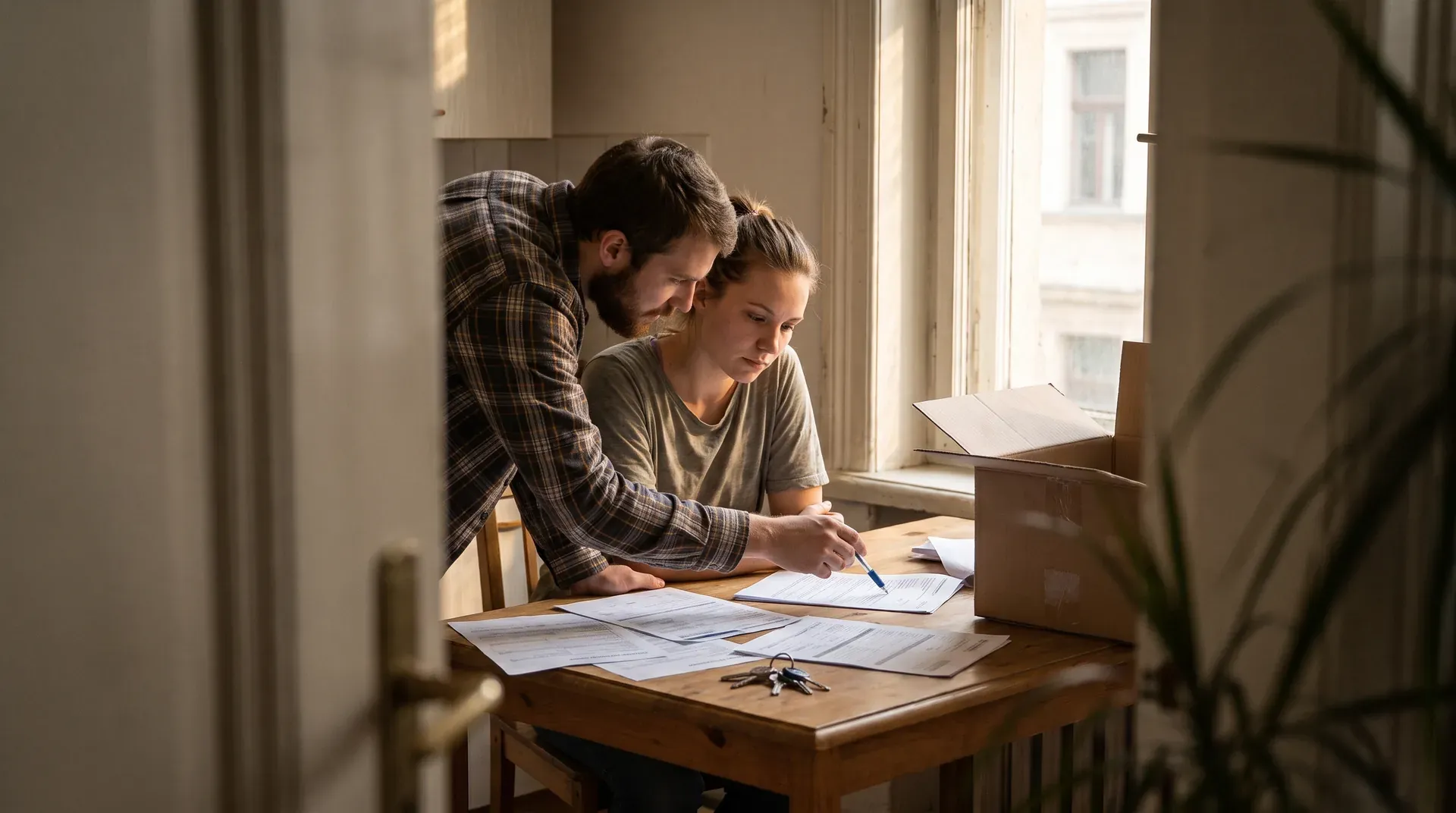 Man en vrouw bestuderen documenten aan houten tafel bij raam, huissleutels en verhuisdoos zichtbaar