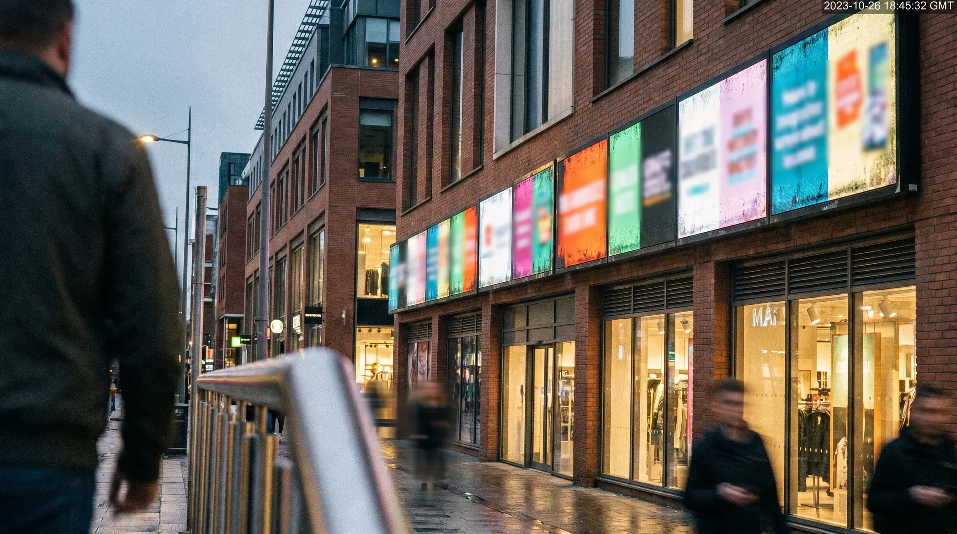 Winkelstraat met verlichte etalages en kleurige digitale schermen op bakstenen gevel in schemerlicht.