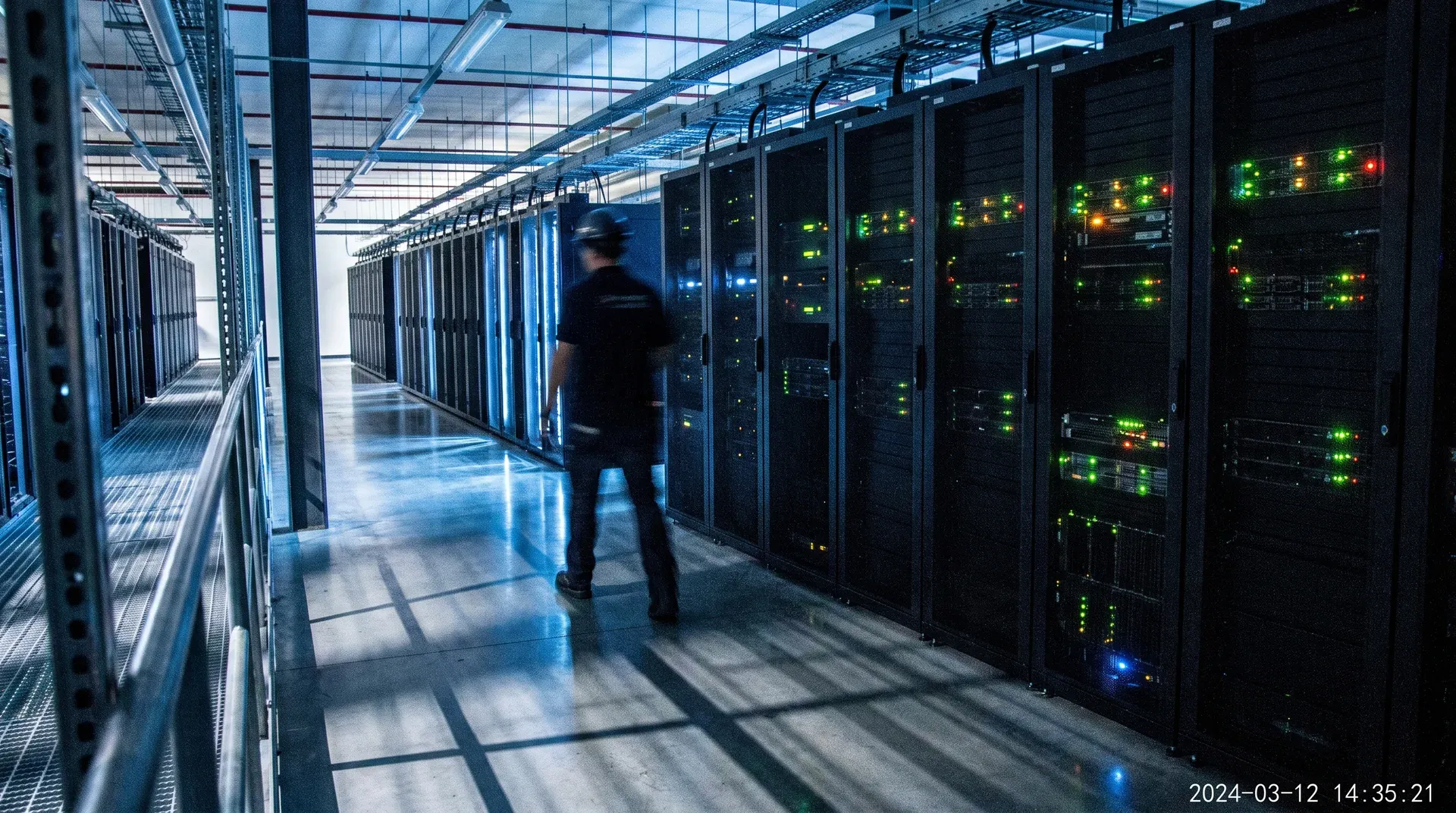 Technicus loopt door datacentrum met verlichte serverkasten en groene/rode LED-indicatoren