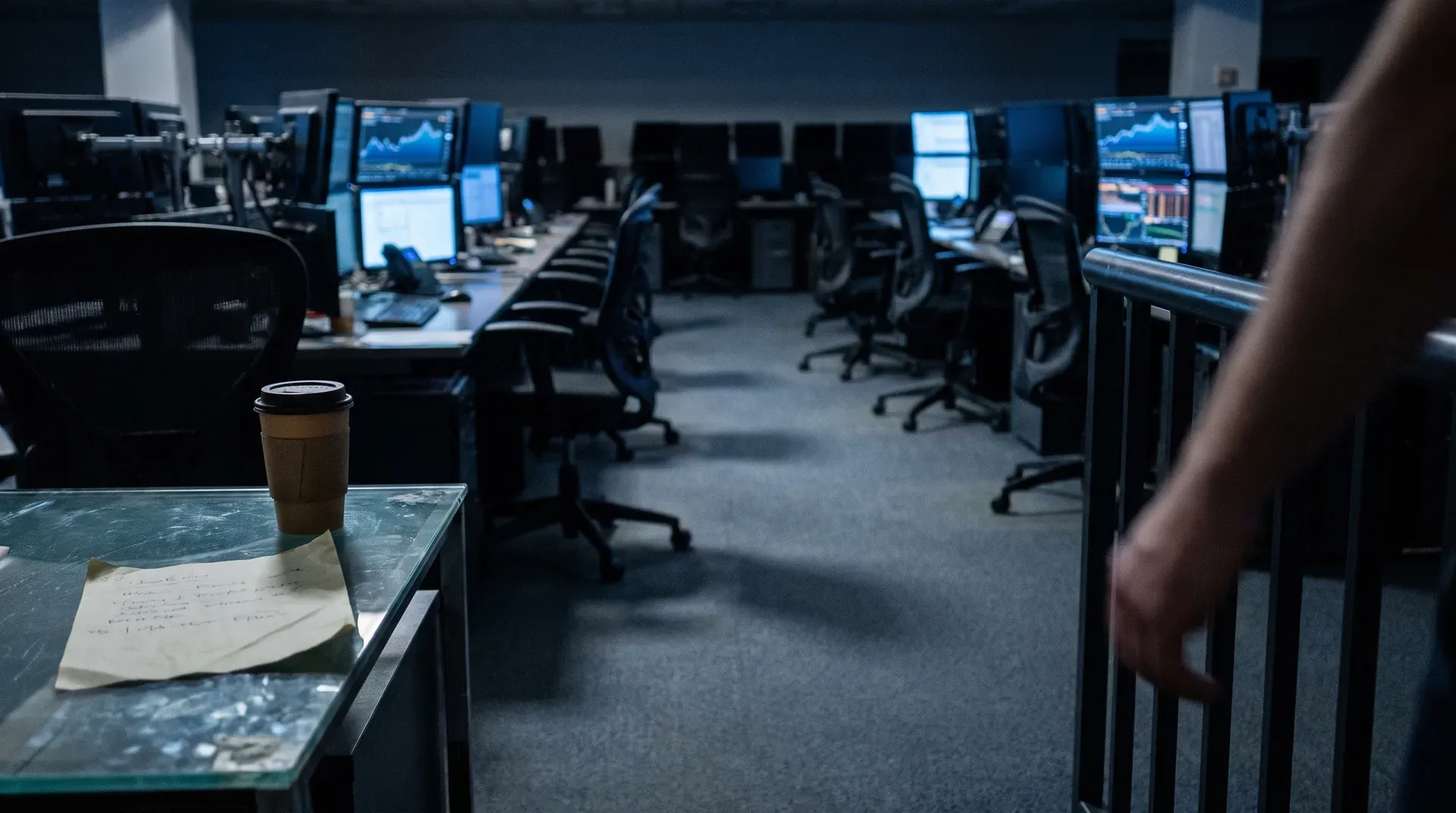 Handelaarsbureau met meerdere computerschermen, koffiekopje en aantekeningen op tafel