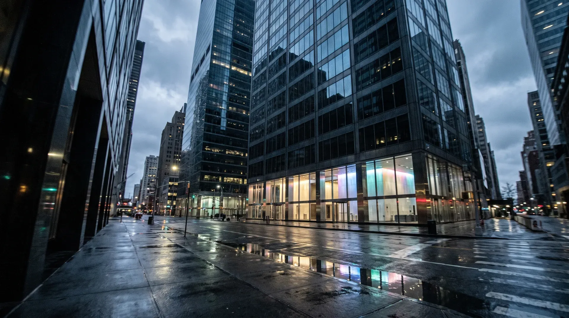 Natte straat tussen verlichte wolkenkrabbers in finansieel district bij schemering met weerspiegelingen.