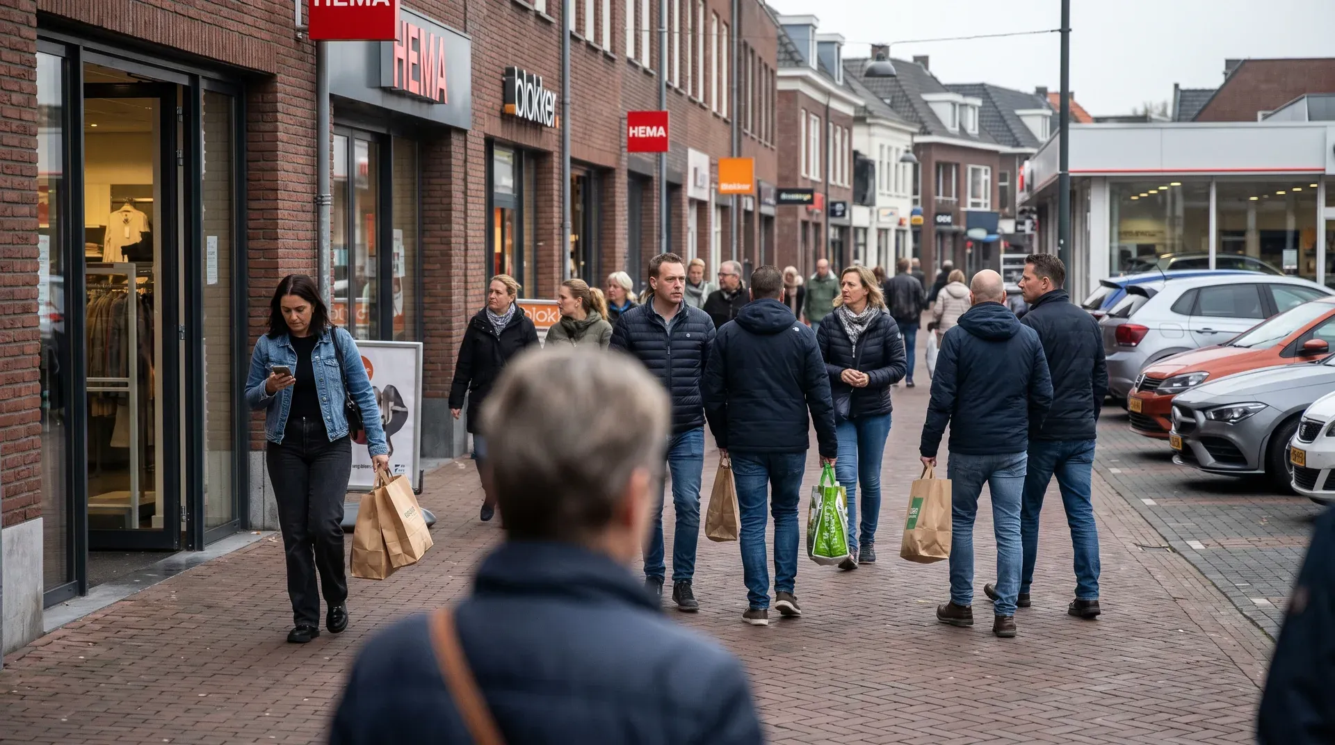 Winkelstraat met mensen die boodschappentassen dragen, HEMA en winkels zichtbaar, straatscène.