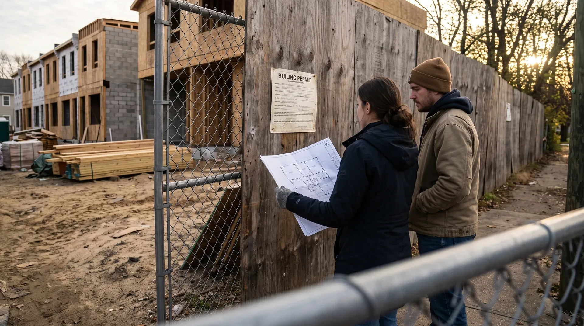 Twee personen bekijken bouwplannen bij een nieuwbouwproject achter hekwerk met bouwvergunning