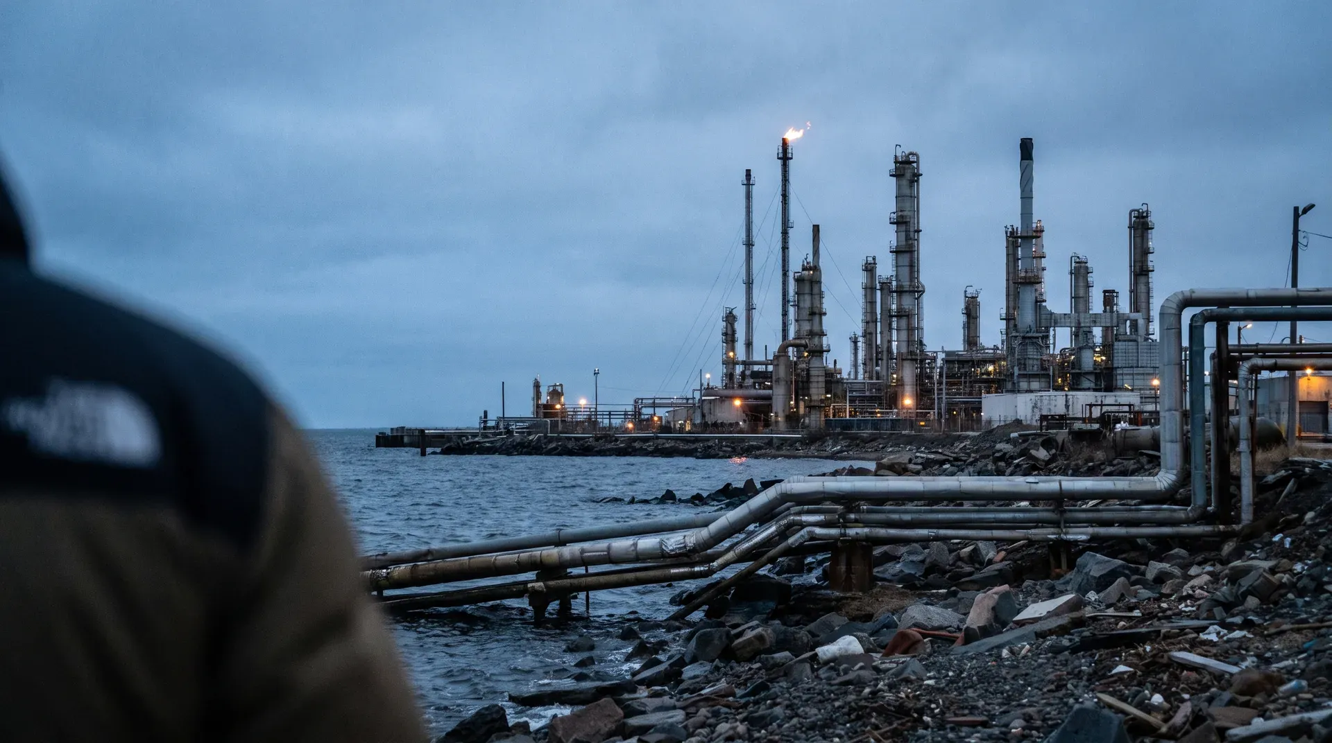 Olieraffinaderij aan zee bij schemering met verlichte installaties en pijpleidingen op rotskust