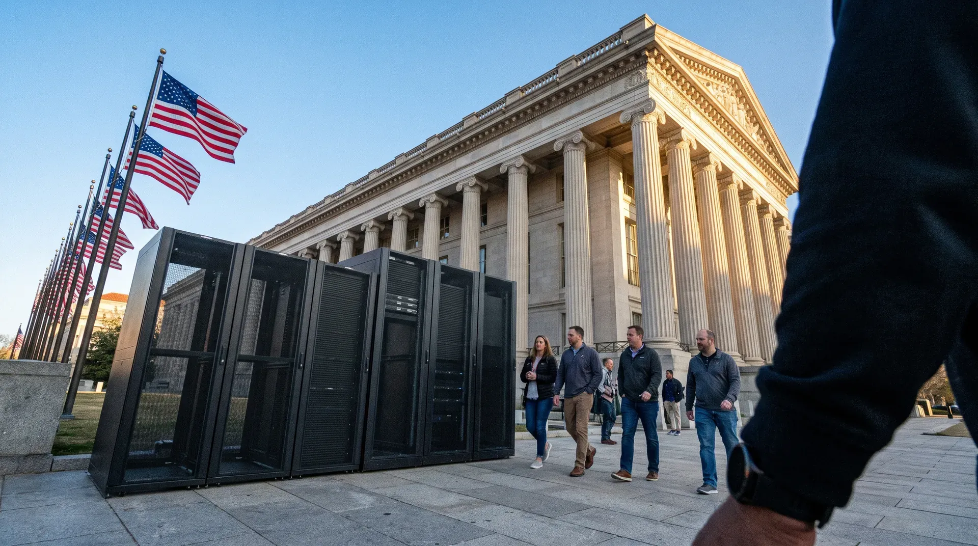 Bezoekers voor klassiek overheidgebouw met Amerikaanse vlaggen en moderne zwarte ingangsstructuur