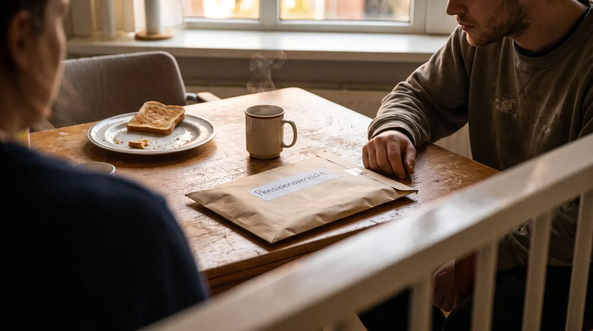 Twee mannen aan tafel met koffie, brood en een envelop met 'Pensioenbrief' erop
