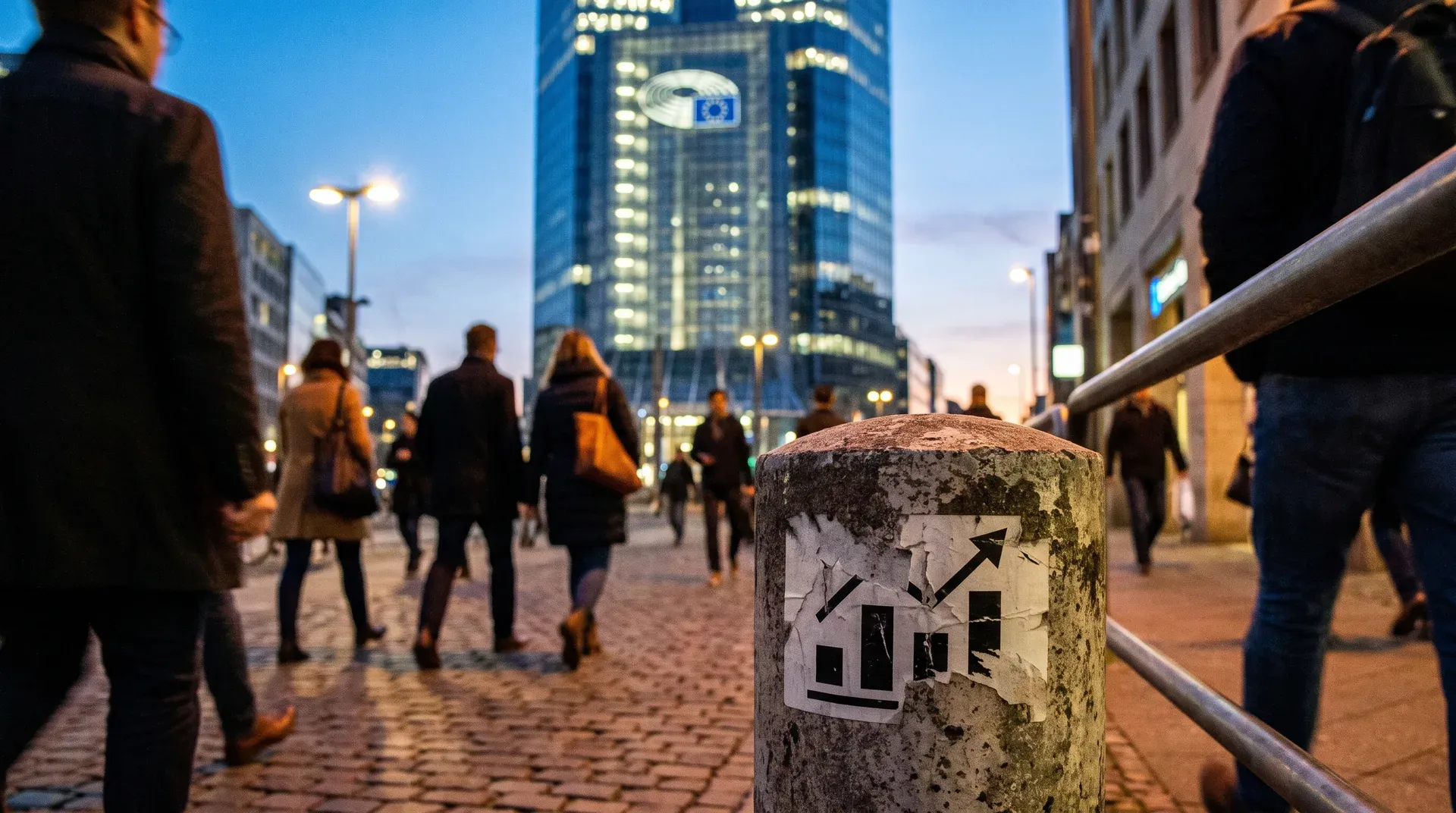 Nachtelijke stadstraat met verlichte kantoorgebouwen, groeiende grafiek-sticker op betonnen paal op voorgrond