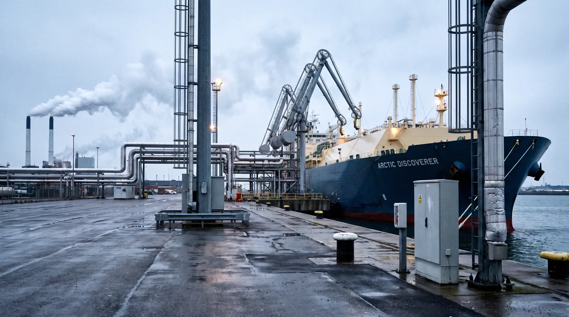 LNG-tanker 'Arctic Discoverer' aan industriële terminal met laadkranen en pijpleidingen.