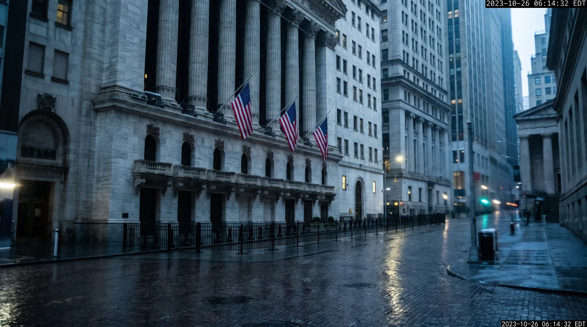 New York Stock Exchange voorgevel met Amerikaanse vlaggen op regenachtige ochtend, financieel district