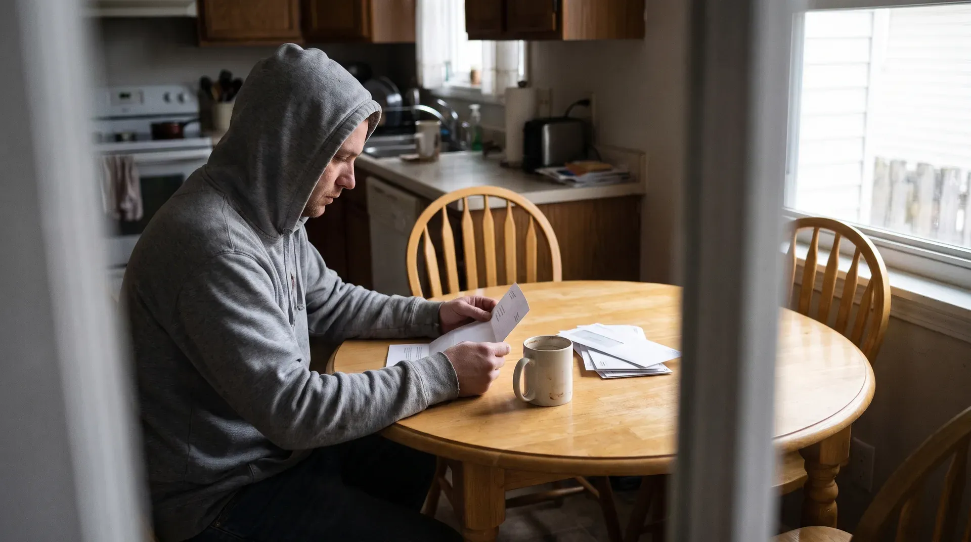 Man in grijze hoodie zit aan houten tafel met koffiekop en documenten, kijkt naar briefje in keuken.
