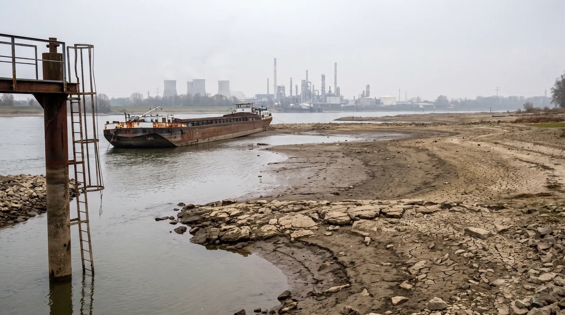 Roestige binnenvaartschip op lage waterstanden bij industriële raffinaderij met dampen aan horizon
