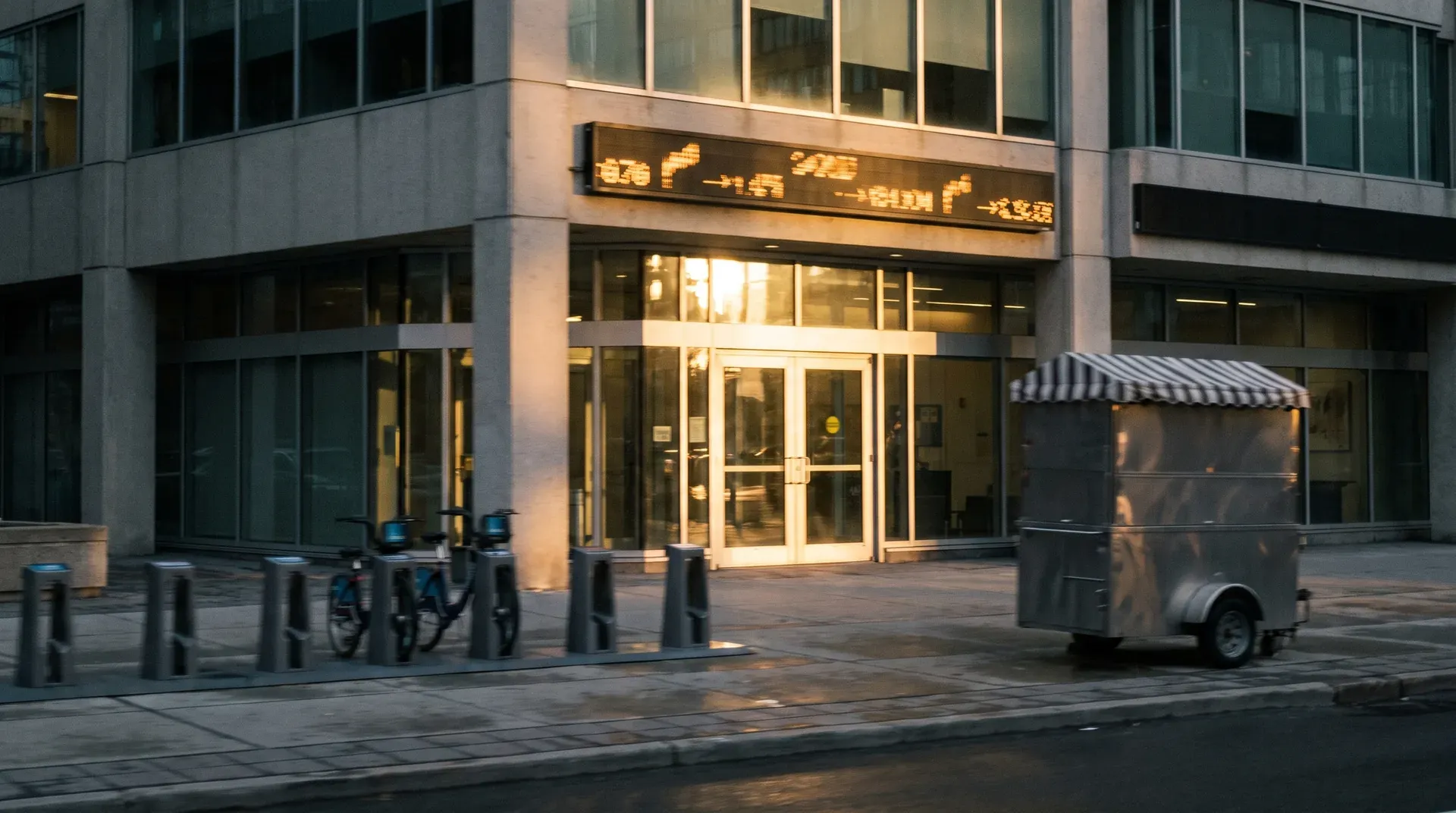 Moderne kantoorgebouw met verlichte ingang en digitaal informatiebord aan voorgevel, stedelijke plaza met fietsen en voertuig