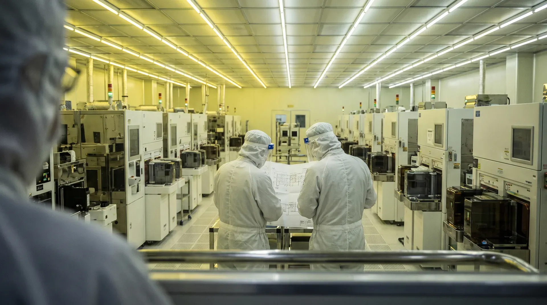 Twee werknemers in cleanroom-kleding bestuderen blauwdruk in geavanceerde halfgeleiderfabriek met talrijke machines