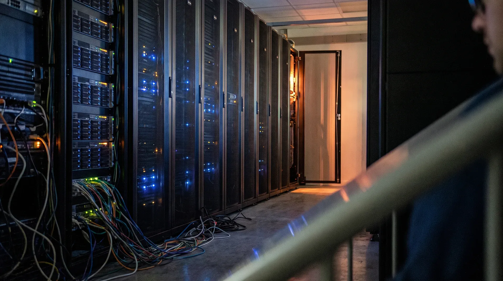 Serverruimte met zwarte kasten vol blauwe en gele indicatorlampjes, kabels onderaan, openstaande deur achter