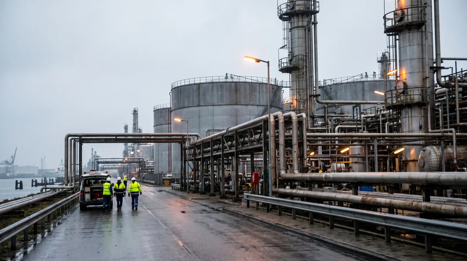 Industriële raffinaderij met grote tanks, leidingen en werknemers in hesjes bij schemering