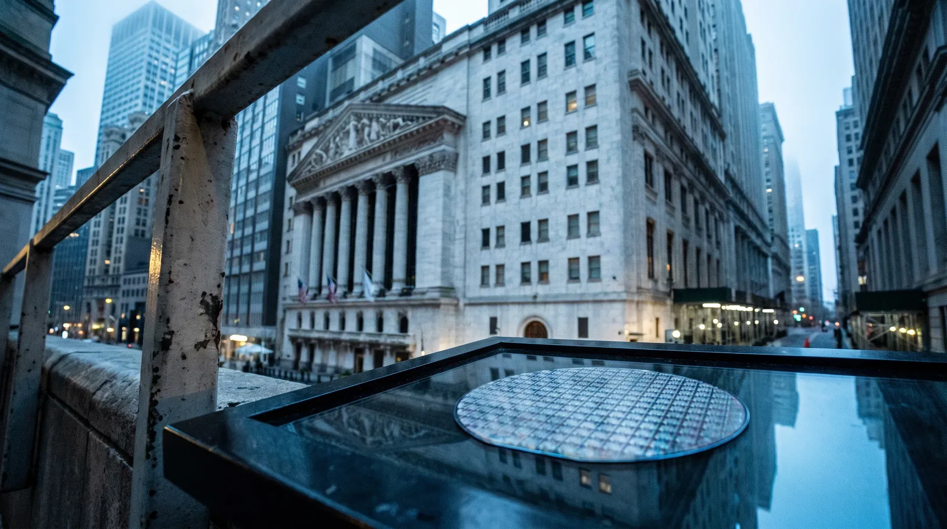 New York Financial District skyline met New York Stock Exchange gebouw, gezien vanaf een metalen platform