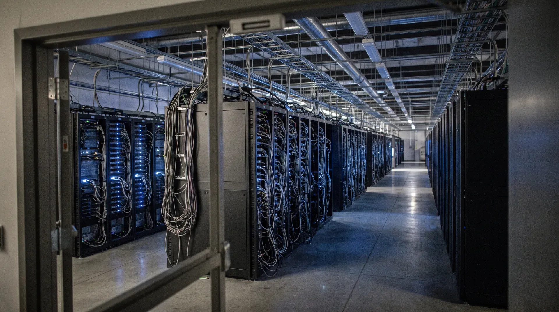 Lange rij serverkasten in datacentrum met blauwe LED-verlichting en kabels aan plafond