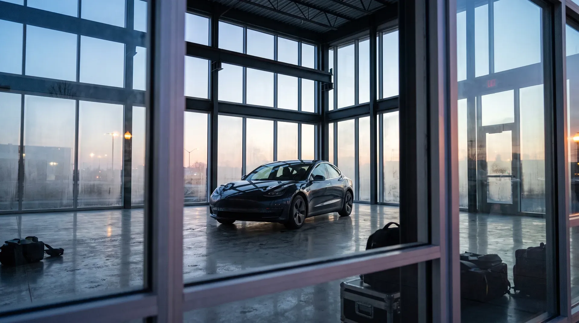 Zwarte elektrische sedan in modern glazen showroom met stadsuitzicht bij schemering