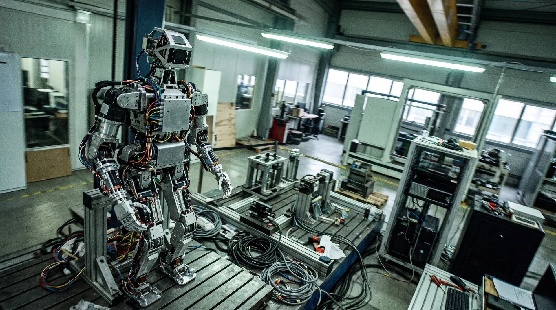 Humanoidale robot met witte kop en zwarte torso staat in industrieel laboratorium omgeven door kabels en apparatuur