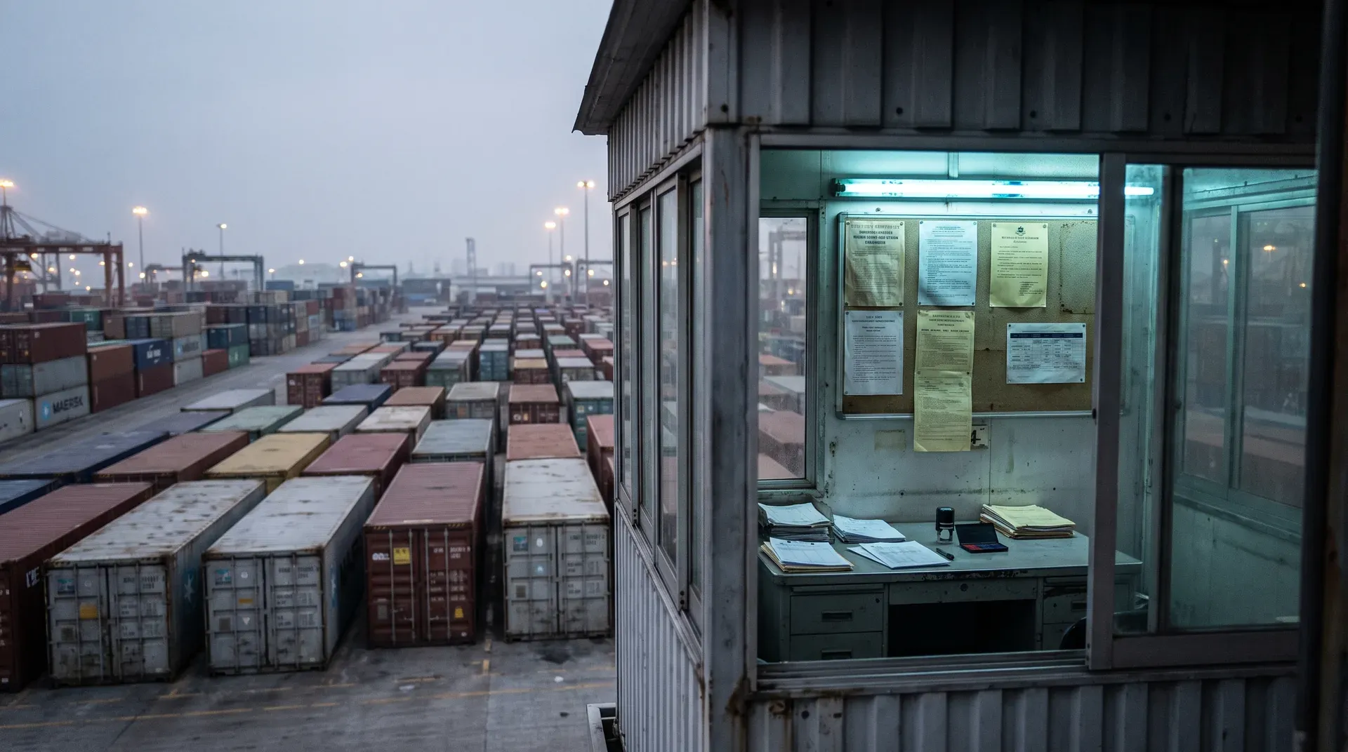 Containerterminal met honderden containers en administratiekantoor bij schemering, haven op achtergrond