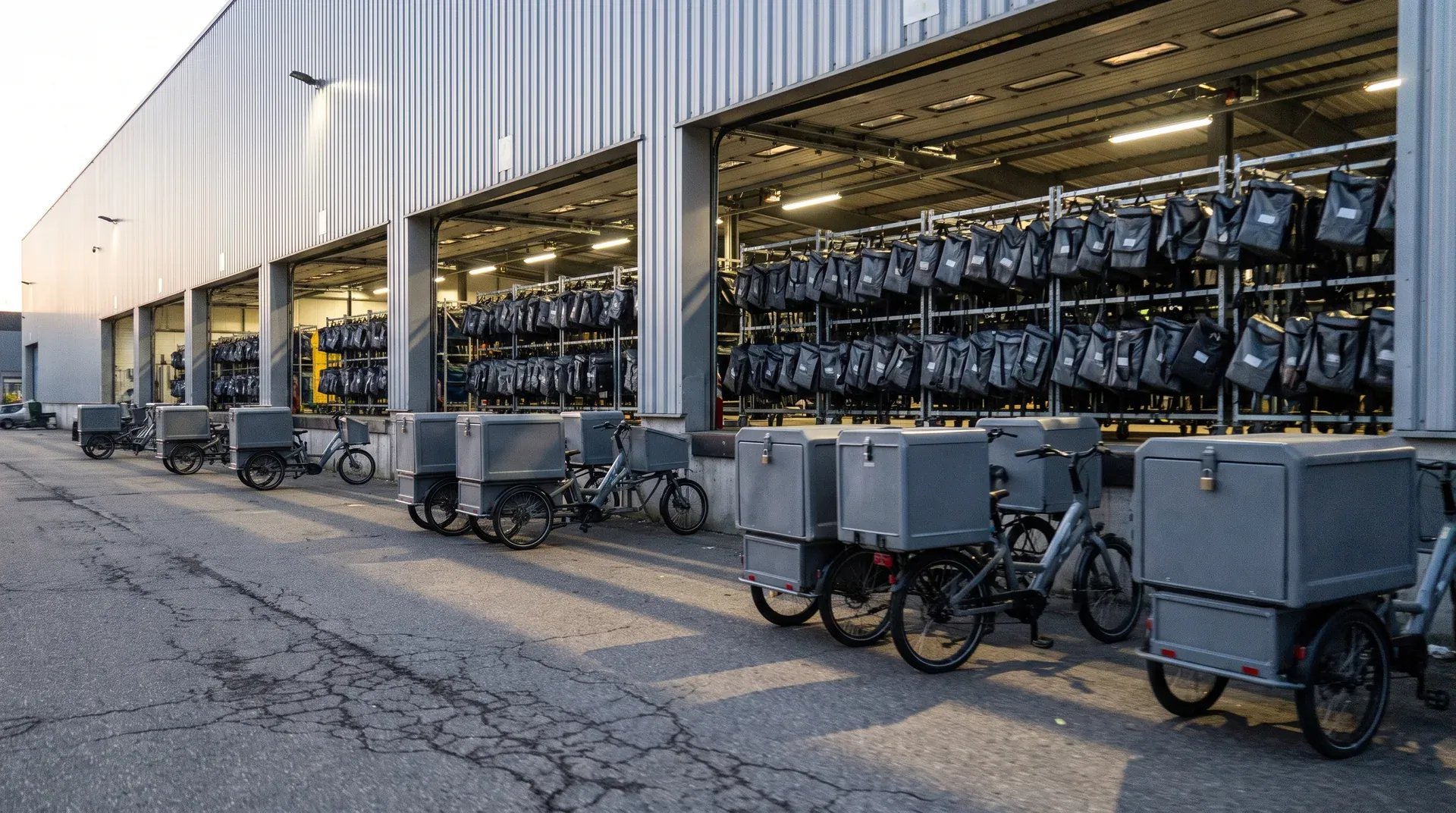 Rij elektrische bezorgfietsen met grijze bakken voor een groot distributiepakhuis met open deuren