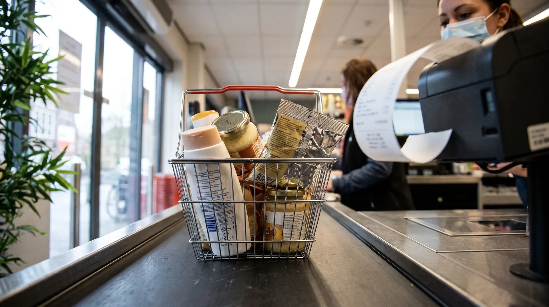 Miniwinkelwagen met verpakte voedselproducten op kassatoonbank in supermarkt