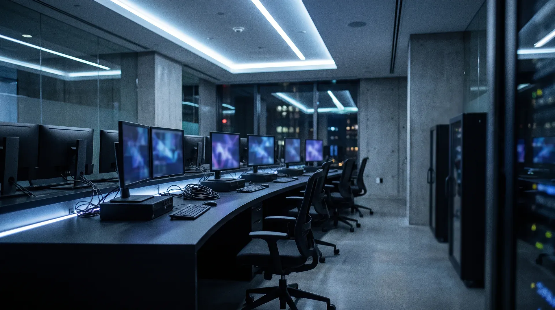 Moderne serverruimte met gloeiende monitoren, netwerkinfrastructuur en blauwe verlichting.
