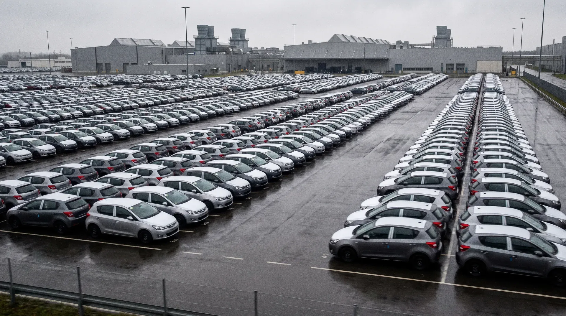 Grote parkeerplaats vol geparkeerde auto's voor moderne fabrieksgebouwen