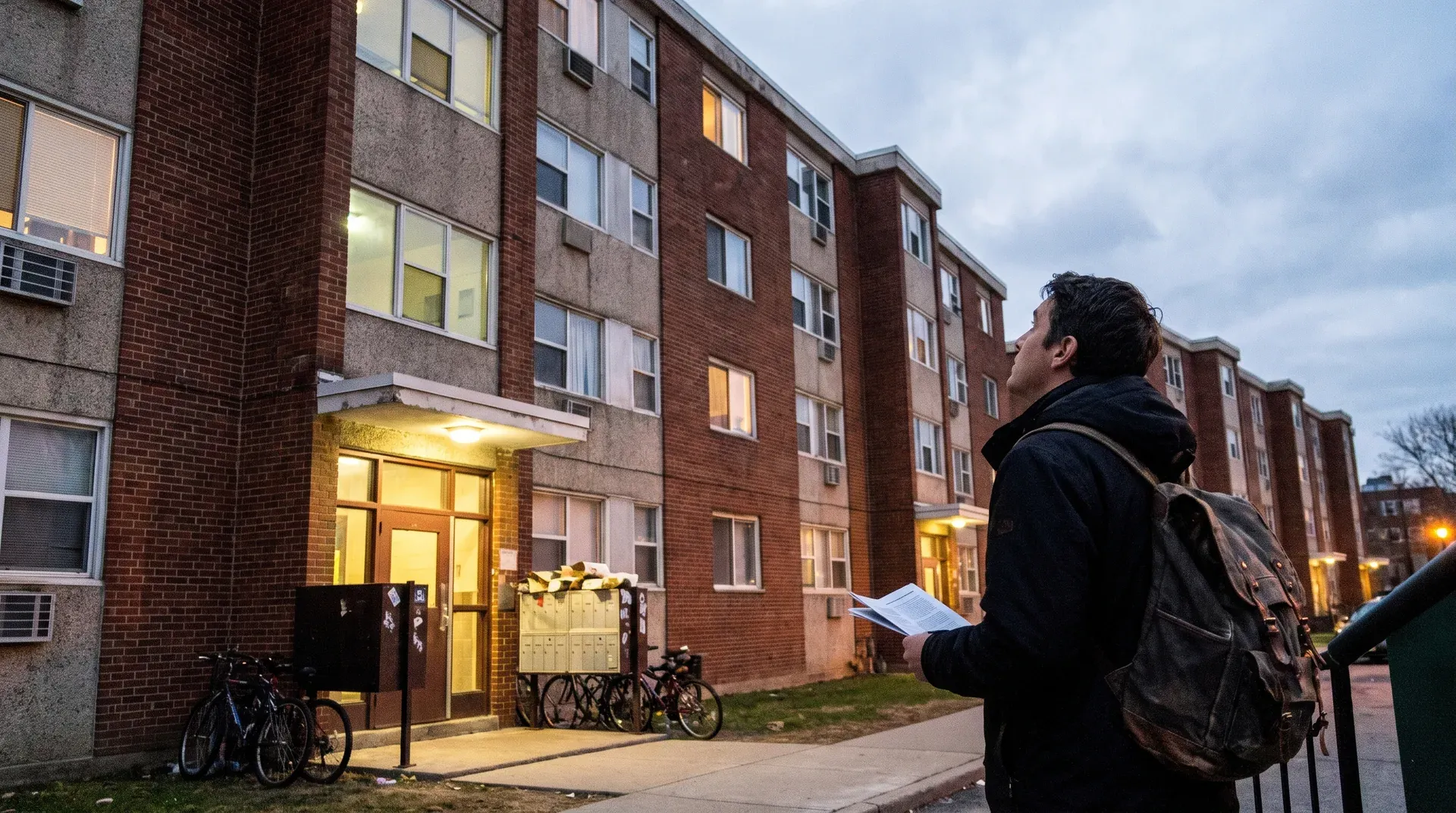 Jongeman met rugzak en papieren voor flatgebouw in schemerdonker.