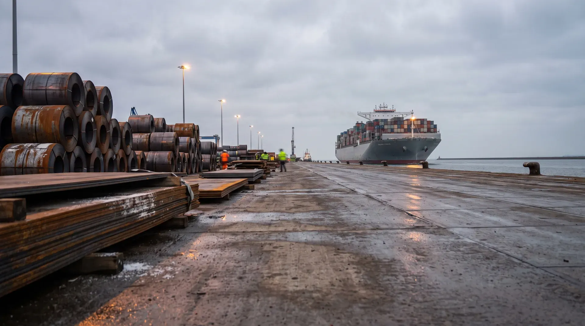 Containerschip aan industriële haven met opgeslagen staalrollen en werknemers op natte kade.